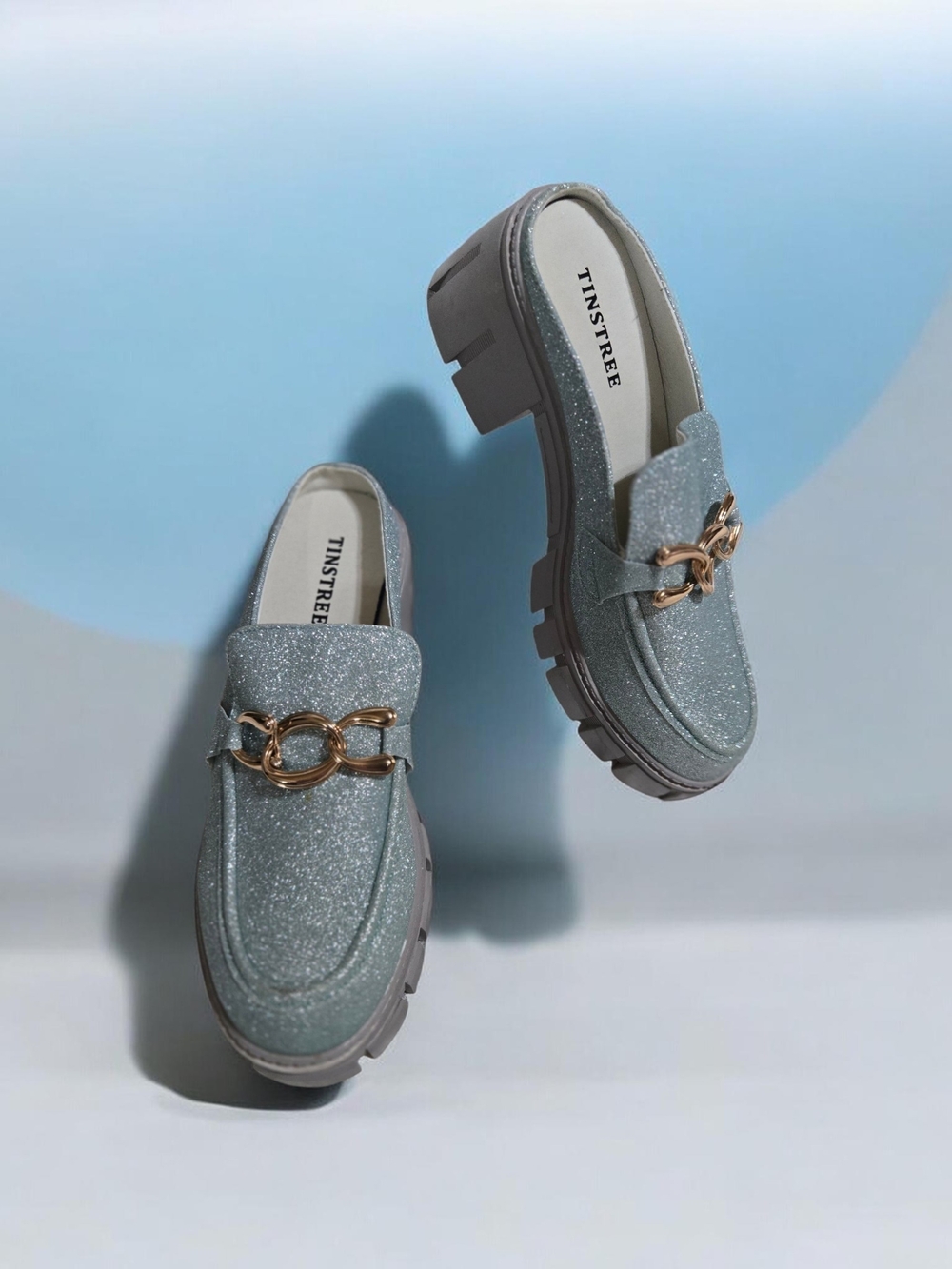 Women's Glitter Chunky Loafers in Light Blue By TINSTREE Size 8 Worn Once!